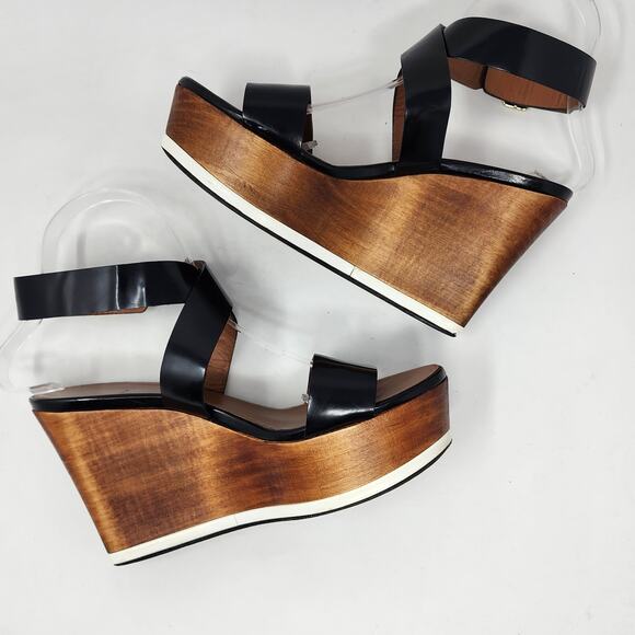Givenchy Platform Wood Wedge Sandals Women 38/8 Black Strappy Leather Buckle - Picture 6 of 9